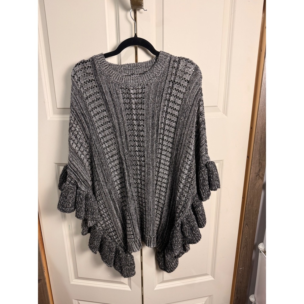 Grey Marled Knit Ruffle Hem Poncho Sweater One Size OS Wrap Top